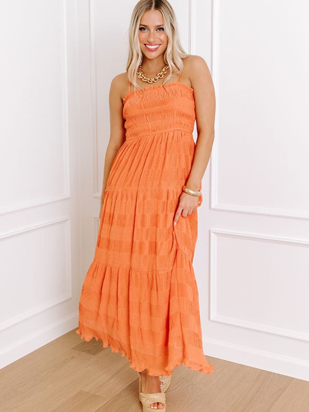 By The River Orange Tiered Smocked Maxi Dress